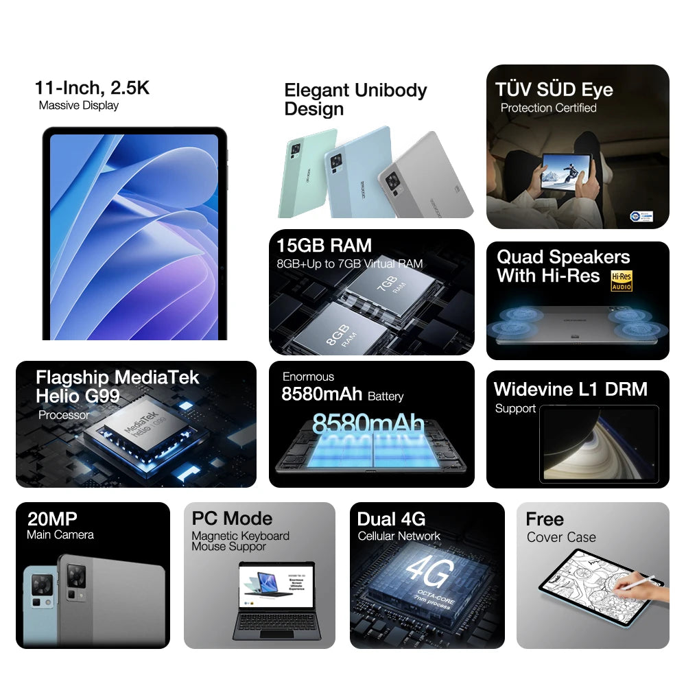 DOOGEE T30 Pro Tablet MediaTek Helio G99 11'' 2.5K TÜV Certified 8GB+256GB 8580mAh 20MP Main Camera Android 13