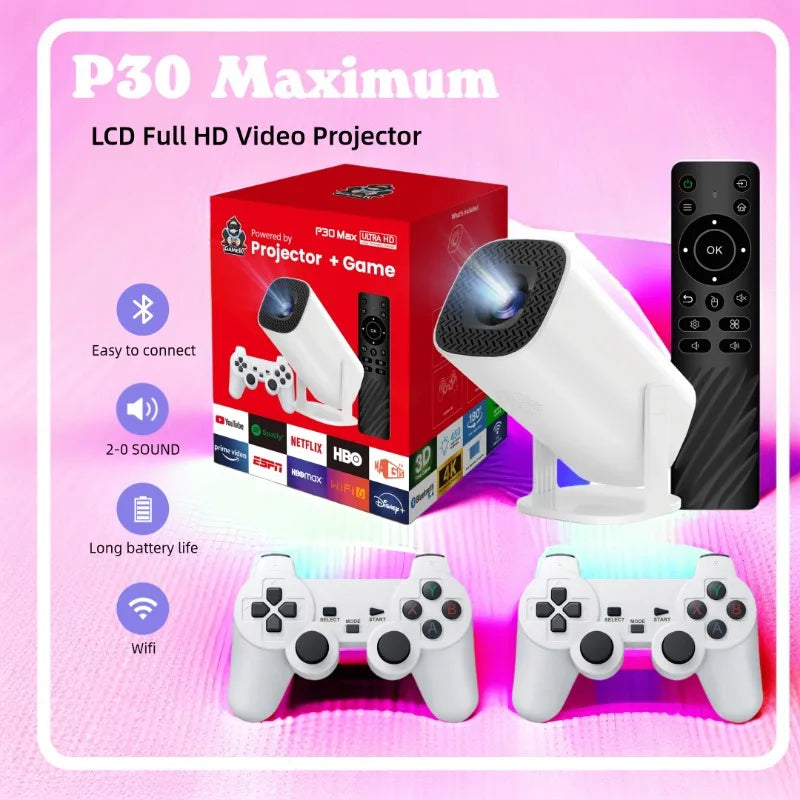 P30 Max Projector HD 1080P Android 11 Projector Video Game Console With 2 Wireless Game Controllers Built-in 3000 Games