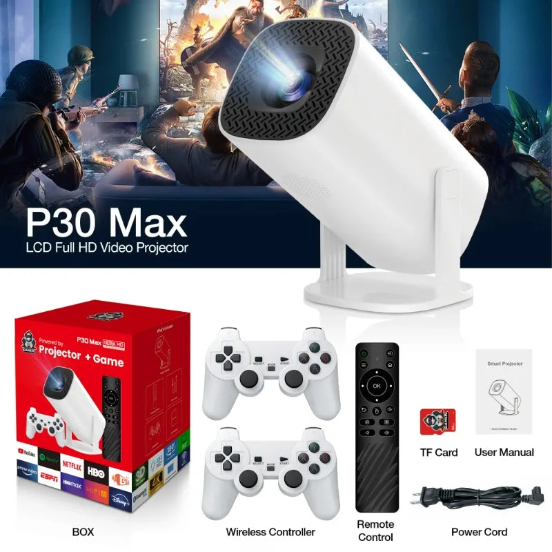 P30 Max Projector HD 1080P Android 11 Projector Video Game Console With 2 Wireless Game Controllers Built-in 3000 Games