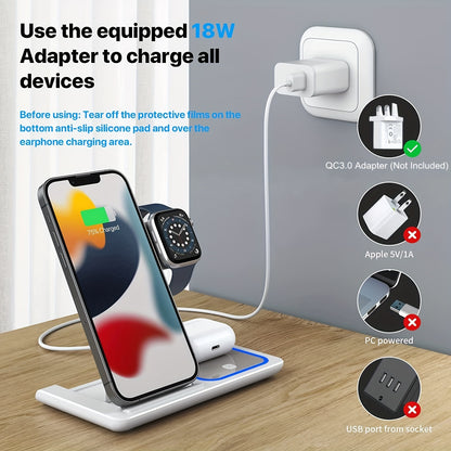 Wireless Charging Station, 3 In 1 Wireless Charger Stand, Foldable Fast Wireless Charging Dock For IPhone 15/14/13/12/11/Pro/X/Max/XS/XR/8/Plus, For Apple Watch7/6/5/4/3/2/SE, For Airpods 3/2/Pro - Digital Edges | Online Electronics Store