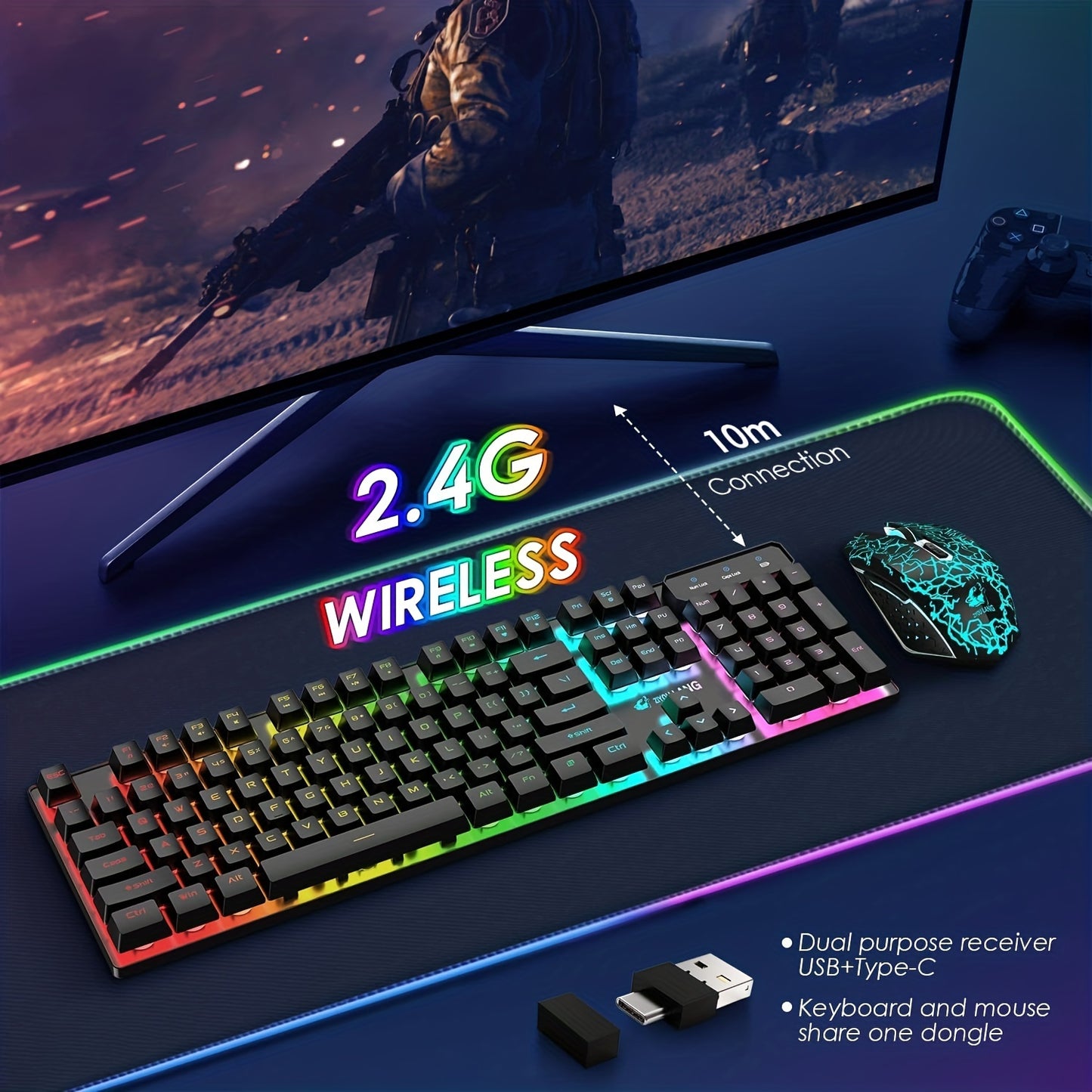 Wireless Gaming Keyboard With Mouse USB/Type-C,Rechargeable Long Battery Life, Rainbow Backlit Adjustable DPI Mice, For PC,Mac,Laptop,PS4,PS5,Xbox - Digital Edges | Online Electronics Store