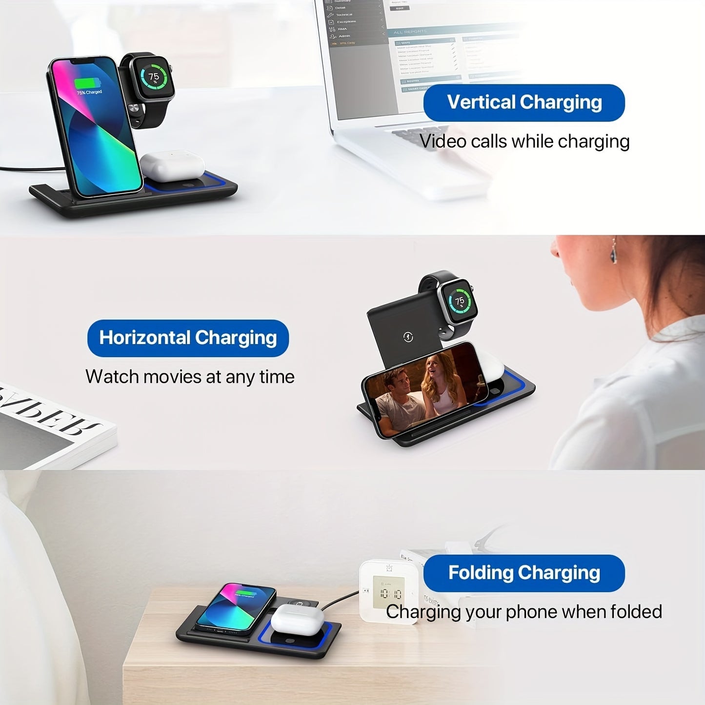 Wireless Charging Station, 3 In 1 Wireless Charger Stand, Foldable Fast Wireless Charging Dock For IPhone 15/14/13/12/11/Pro/X/Max/XS/XR/8/Plus, For Apple Watch7/6/5/4/3/2/SE, For Airpods 3/2/Pro - Digital Edges | Online Electronics Store