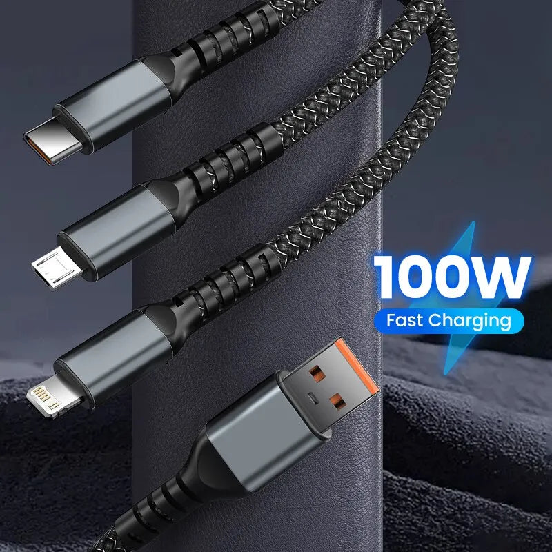 3-in-1 100W 5A Fast Charging USB To Type-C Micro Fast Charger Cable For iPhone 14 13 Samsung Xiaomi Huawei iPhone 14 13 - Digital Edges | Online Electronics Store