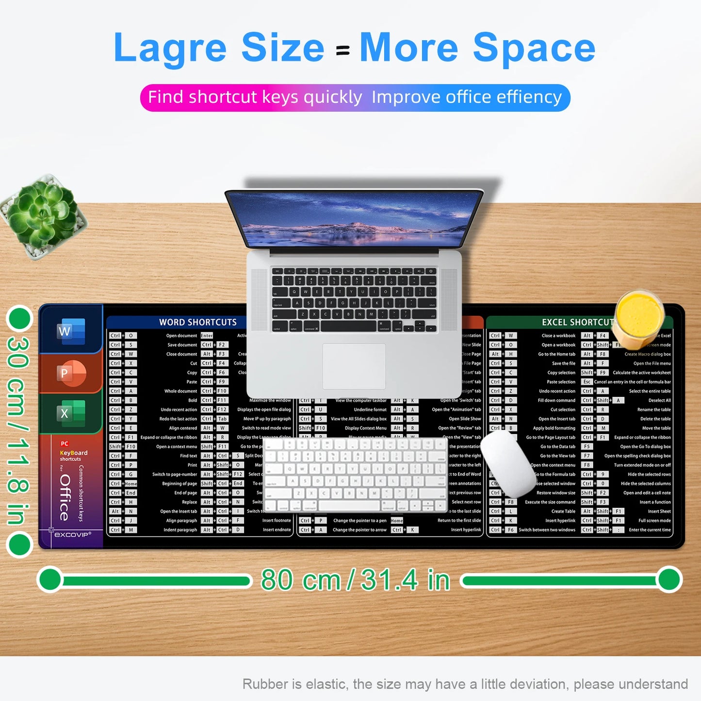 Office Shortcuts Mouse Pad Large Extended Big Keyboard Mousepad for Excel Word Powerpoint Gaming Desk Mat Stitched Edge