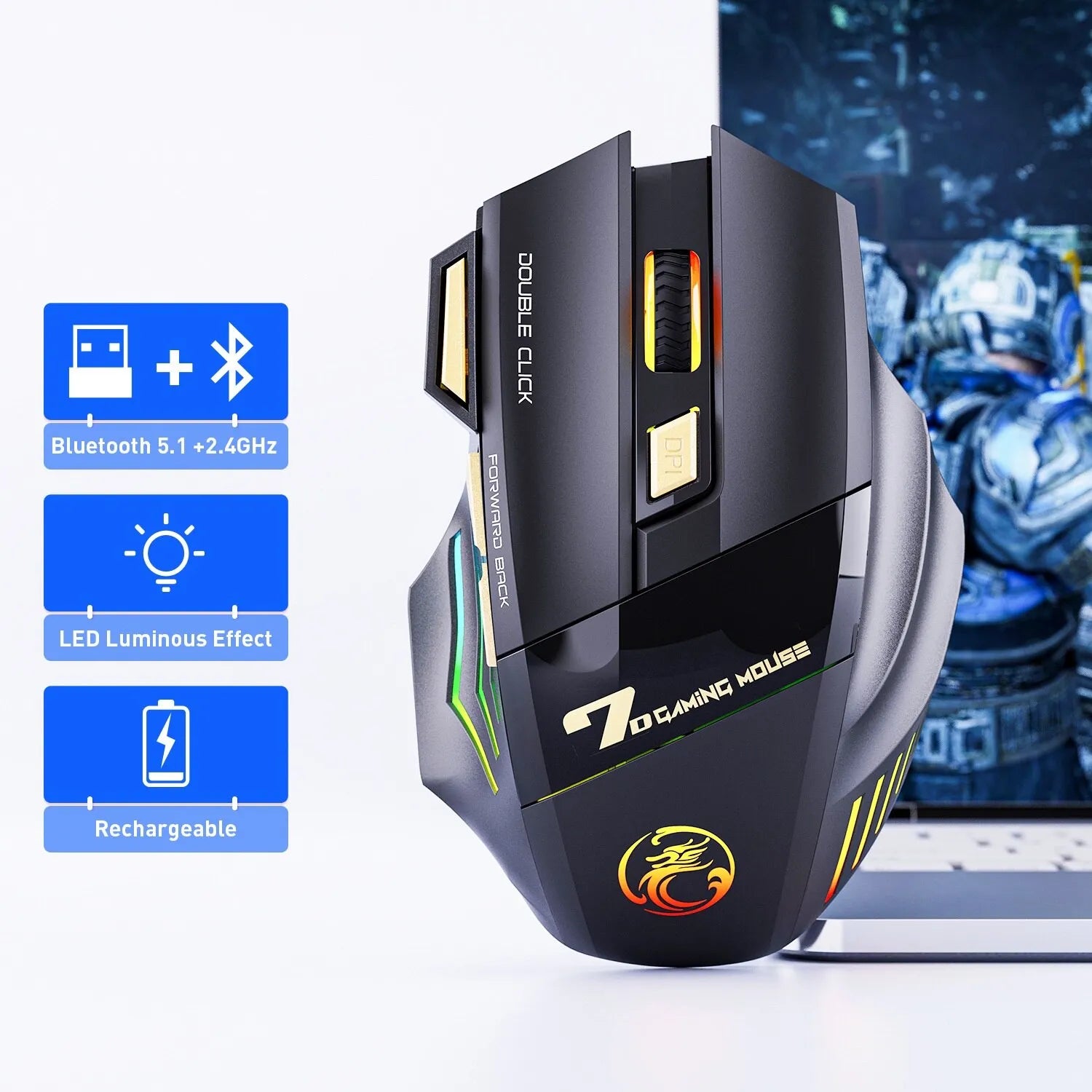 Wireless Gaming Mouse USB IMICE GW-X7 3200DPI Dual Mode Rechargeable 7 Keys 2.4Ghz Silent Mouse Bluetooth 7-color Breathing LED - Digital Edges | Online Electronics Store