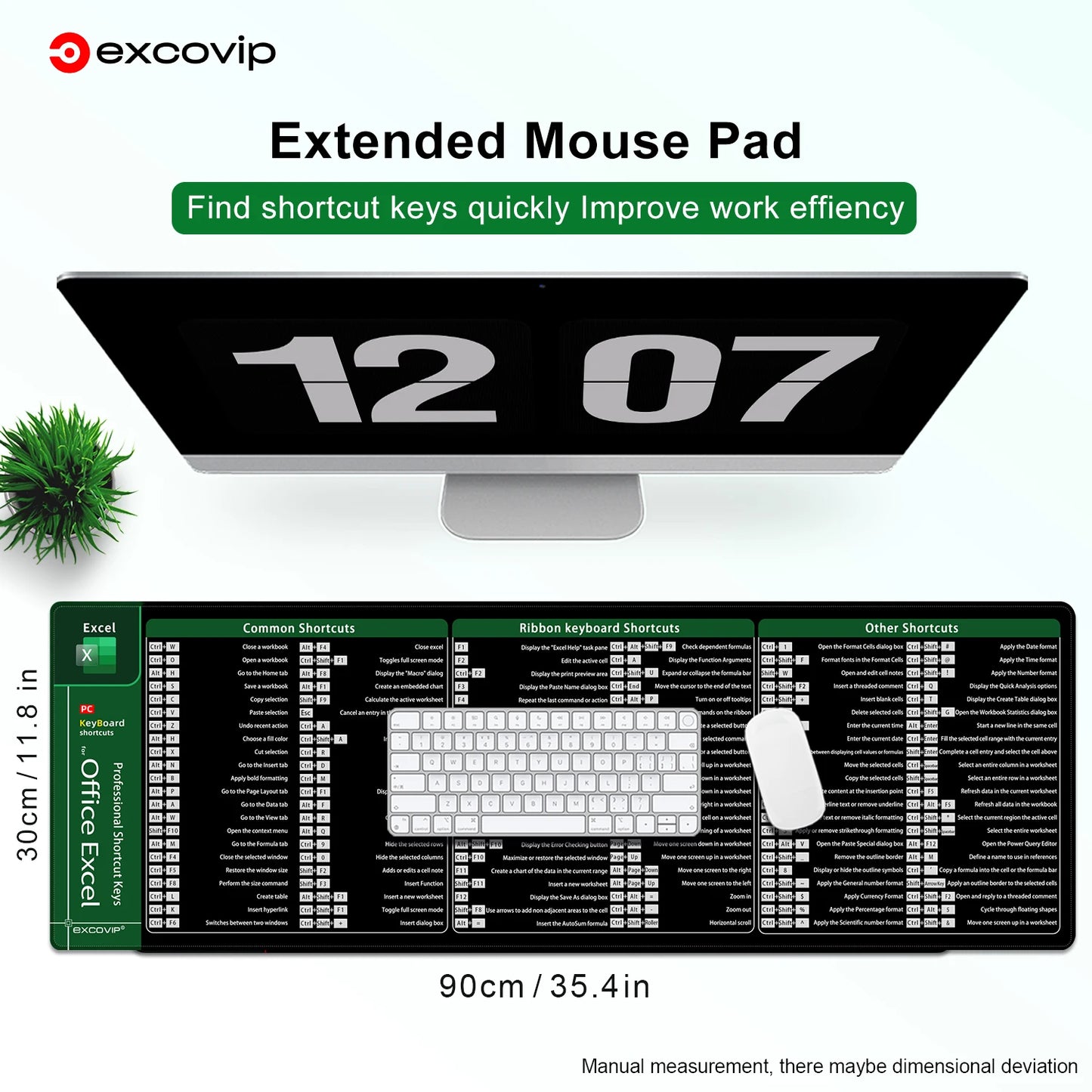 Excel Shortcuts Mouse Pad Large Extended Office Computer Desk Mat Big Keyboard Mousepad with Stitched Edge Non-Slip Base