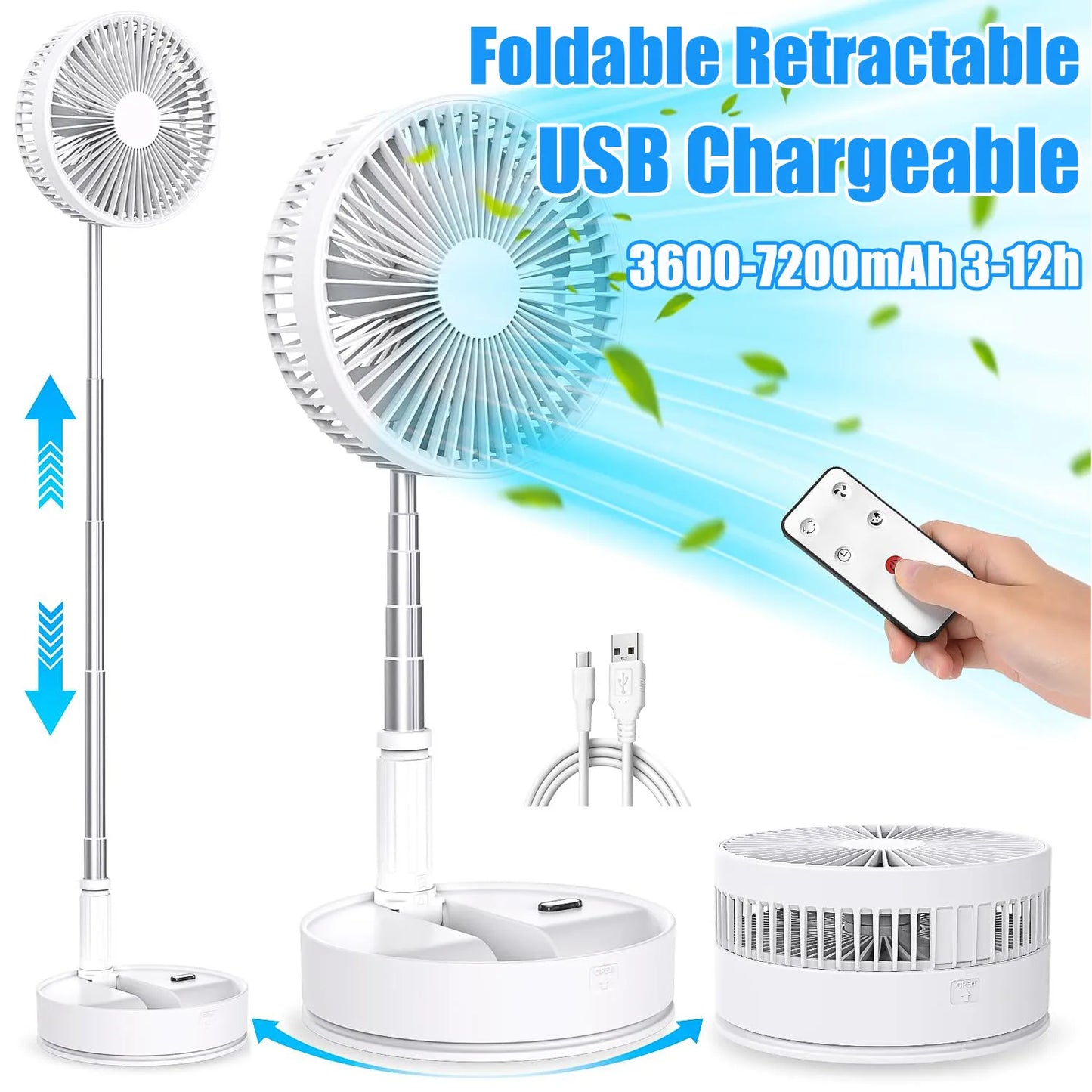 Portable Fan with Remote Controller,Foldable Adjustable Higth,4 Speeds,Floor 7200mAh Rechargeable Fan,Summer Cooler for Camping