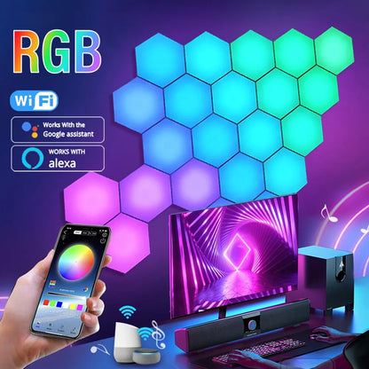 RGB Intelligent Hexagonal Wall Lamp Color-changing Ambient Night Light DYI Shape Music Rhythm APP Control For Game Room Bedroom - Digital Edges | Online Electronics Store