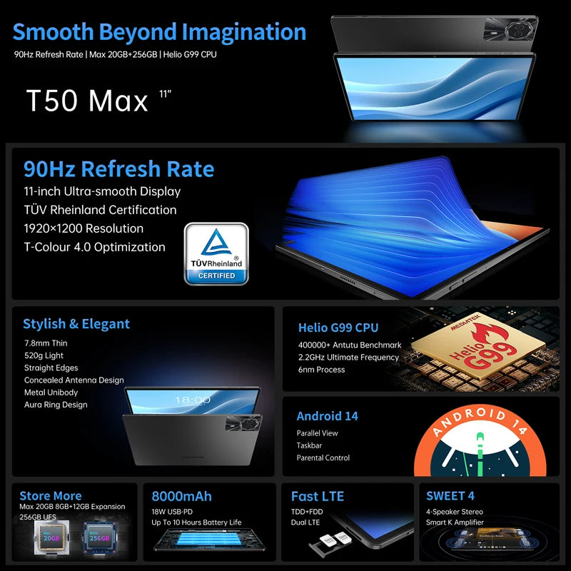 NEW Teclast T50 Max Tablet 11" 90Hz Display, Android 14 MTKG99 8GB 256GB 4G LTE 8000mAh 18W Fast Charging