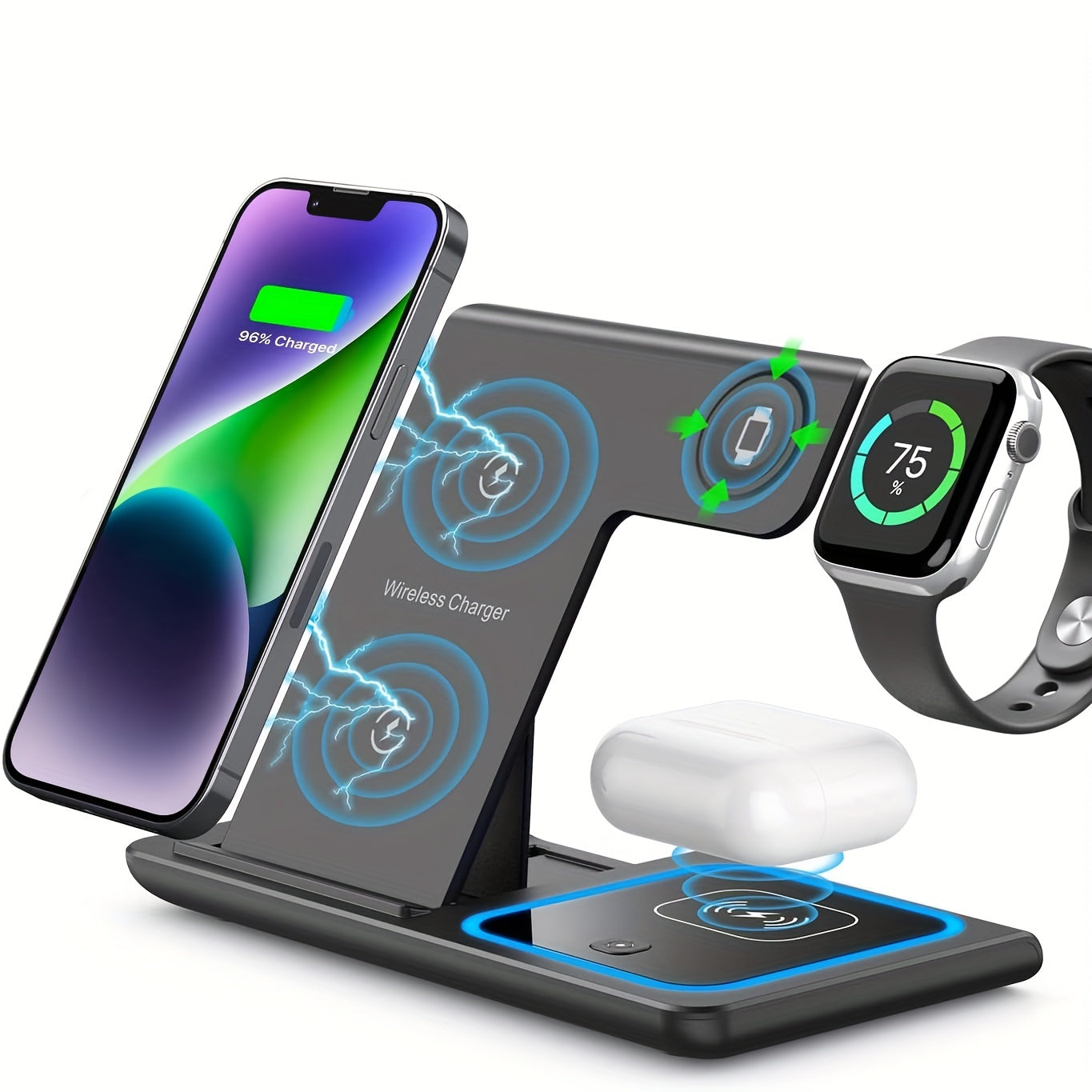 Wireless Charging Station, 3 In 1 Wireless Charger Stand, Foldable Fast Wireless Charging Dock For IPhone 15/14/13/12/11/Pro/X/Max/XS/XR/8/Plus, For Apple Watch7/6/5/4/3/2/SE, For Airpods 3/2/Pro - Digital Edges | Online Electronics Store