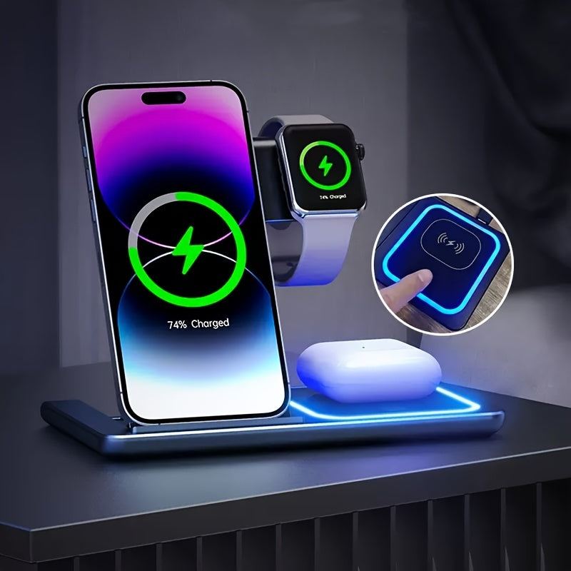 Wireless Charging Station, 3 In 1 Wireless Charger Stand, Foldable Fast Wireless Charging Dock For IPhone 15/14/13/12/11/Pro/X/Max/XS/XR/8/Plus, For Apple Watch7/6/5/4/3/2/SE, For Airpods 3/2/Pro - Digital Edges | Online Electronics Store